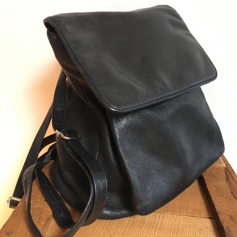 Black genuine leather mini backpack